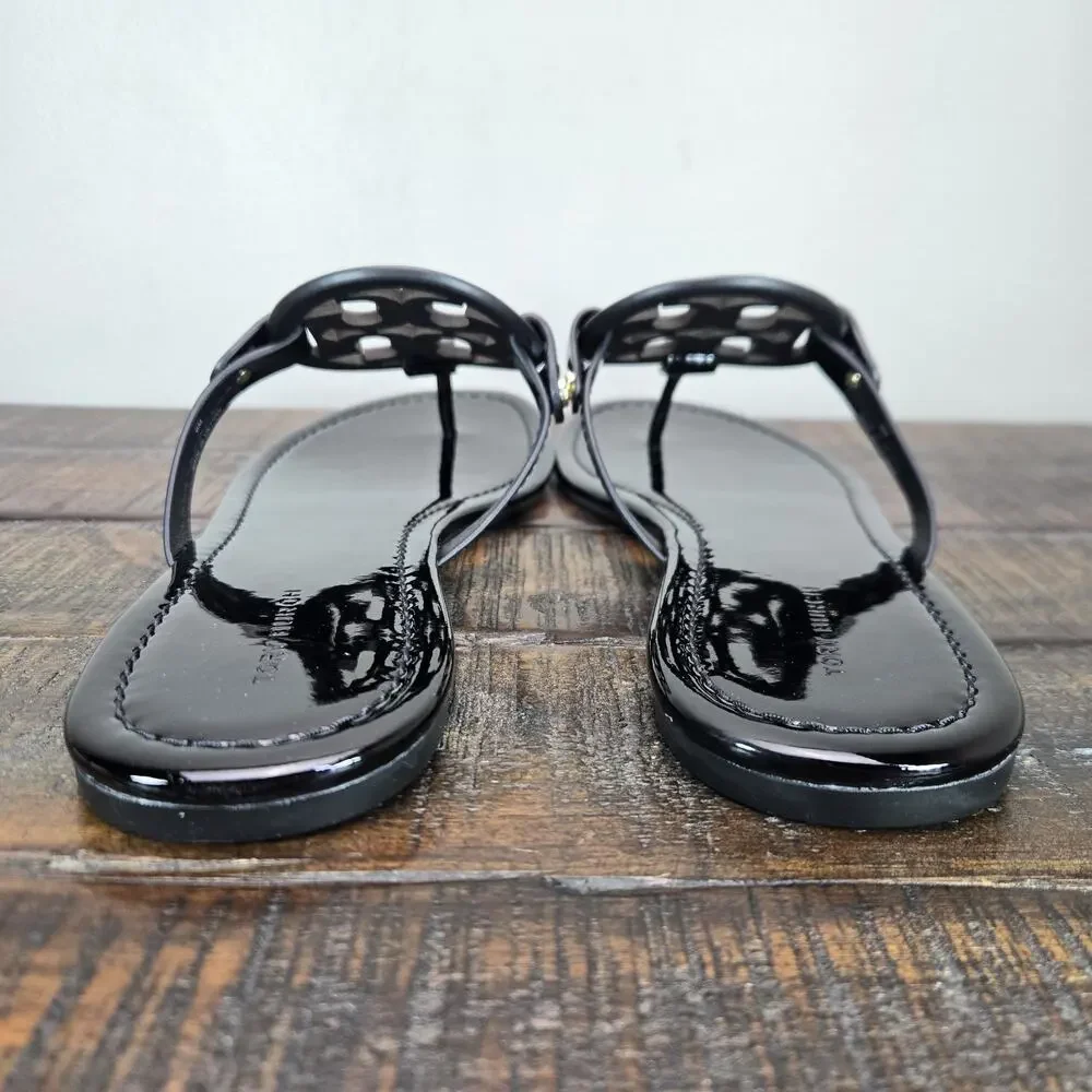 NEW Tory Burch Miller Patent Leather Womens Size 7 Logo Sandals Flip Flops Black